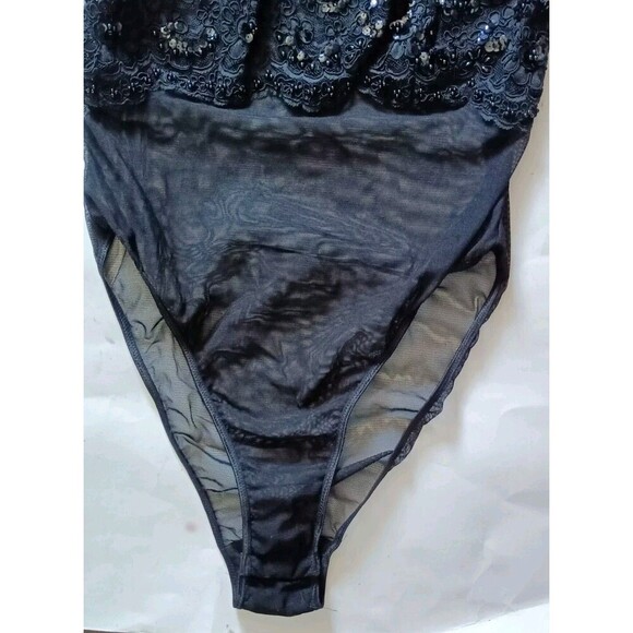 Victoria's Secret Sheer Body Romper Sz Small Black Sequin Embellished Vintage - Picture 6 of 8
